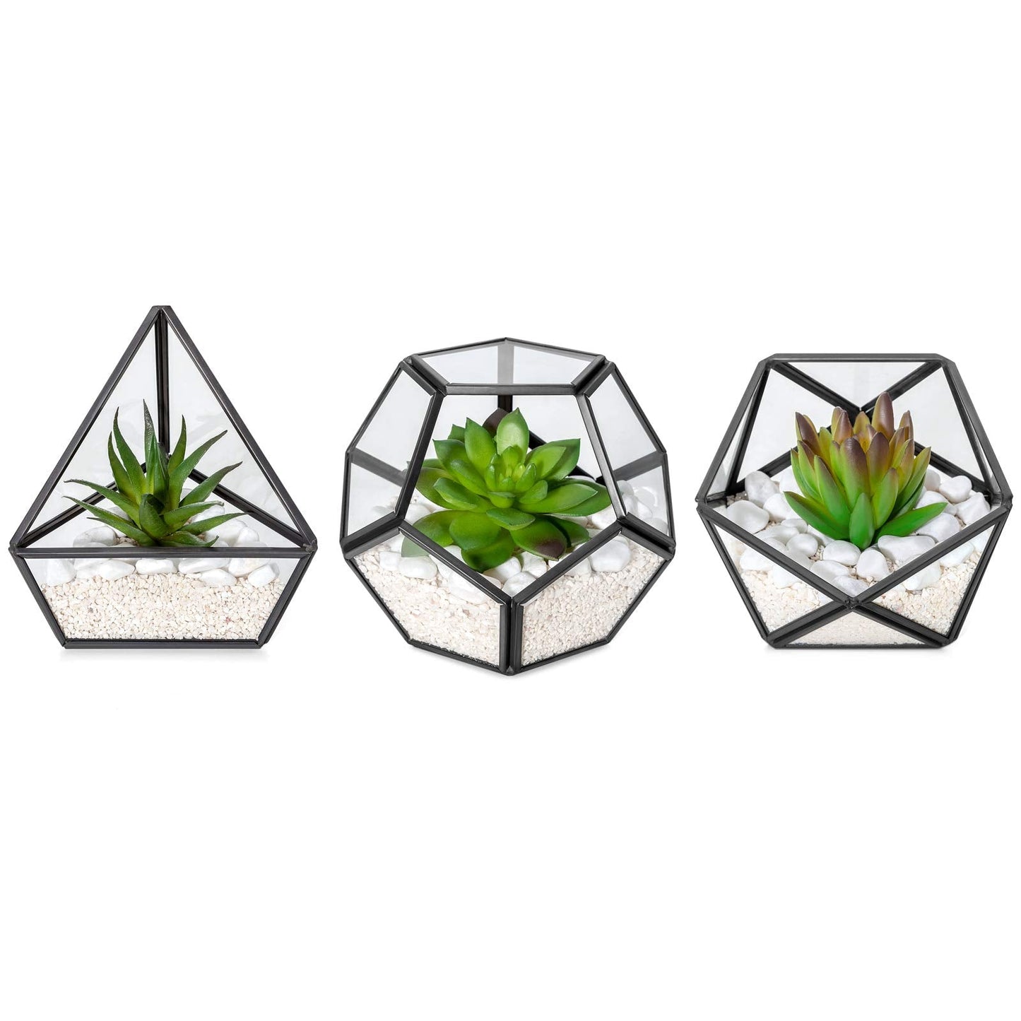 Mkono Artificial Succulent in 3 Pack Mini Glass Geometric Terrarium, Miniature Potted Faux Plant Bookshelf Desk Boho Office Room Decor for Women Girls Dorm Gift Idea, Black