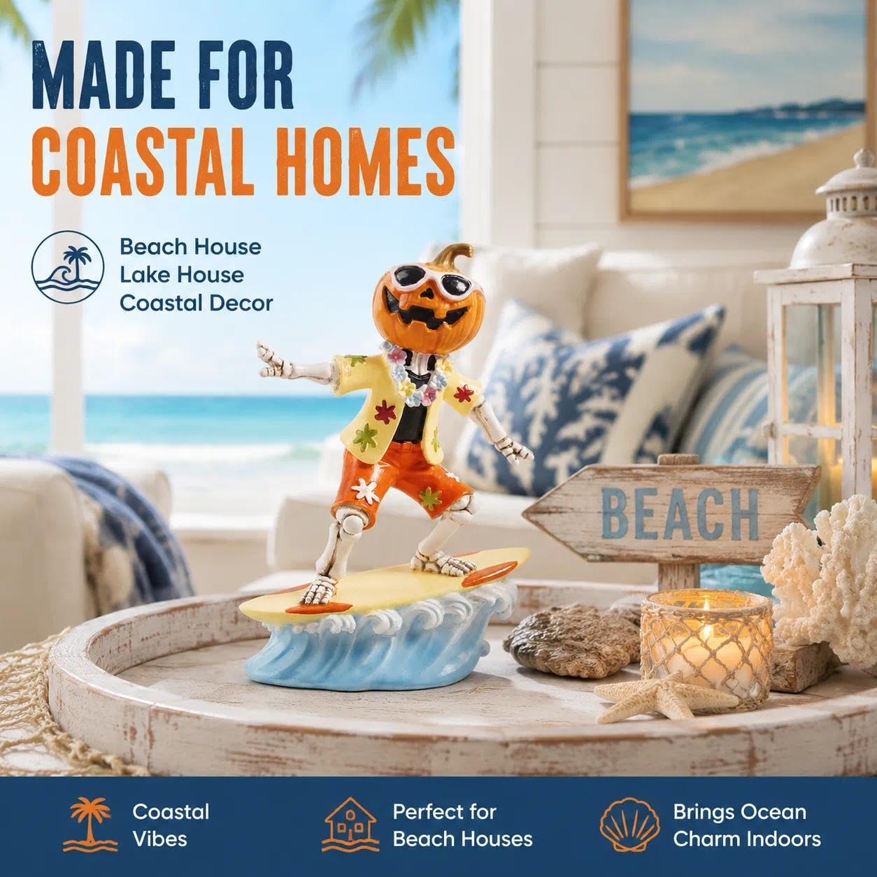 caiydramy Summerween Decorations for Home, 5.9" H Resin Surfing Pumpkin Skeleton Figurine, Spooky Summer Halloween Party Decorations, Tropical Hawaiian Beach Indoor Mantel Table Top Shelf Desk Decor