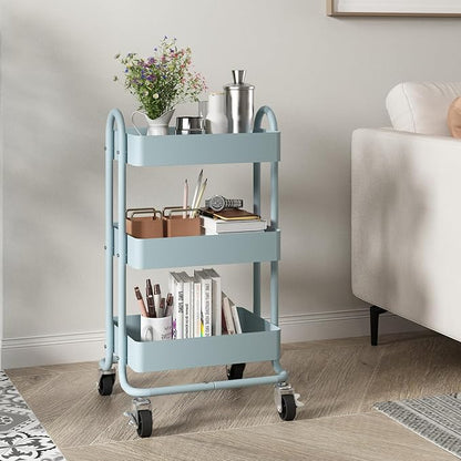 Metal Rolling Cart,3-Tier Metal Rolling Cart with Wheels,3 Tier Utility Cart with Wheels for Office,Home,Kitchen,Garden（13.4"x18.1"x31"） Blue