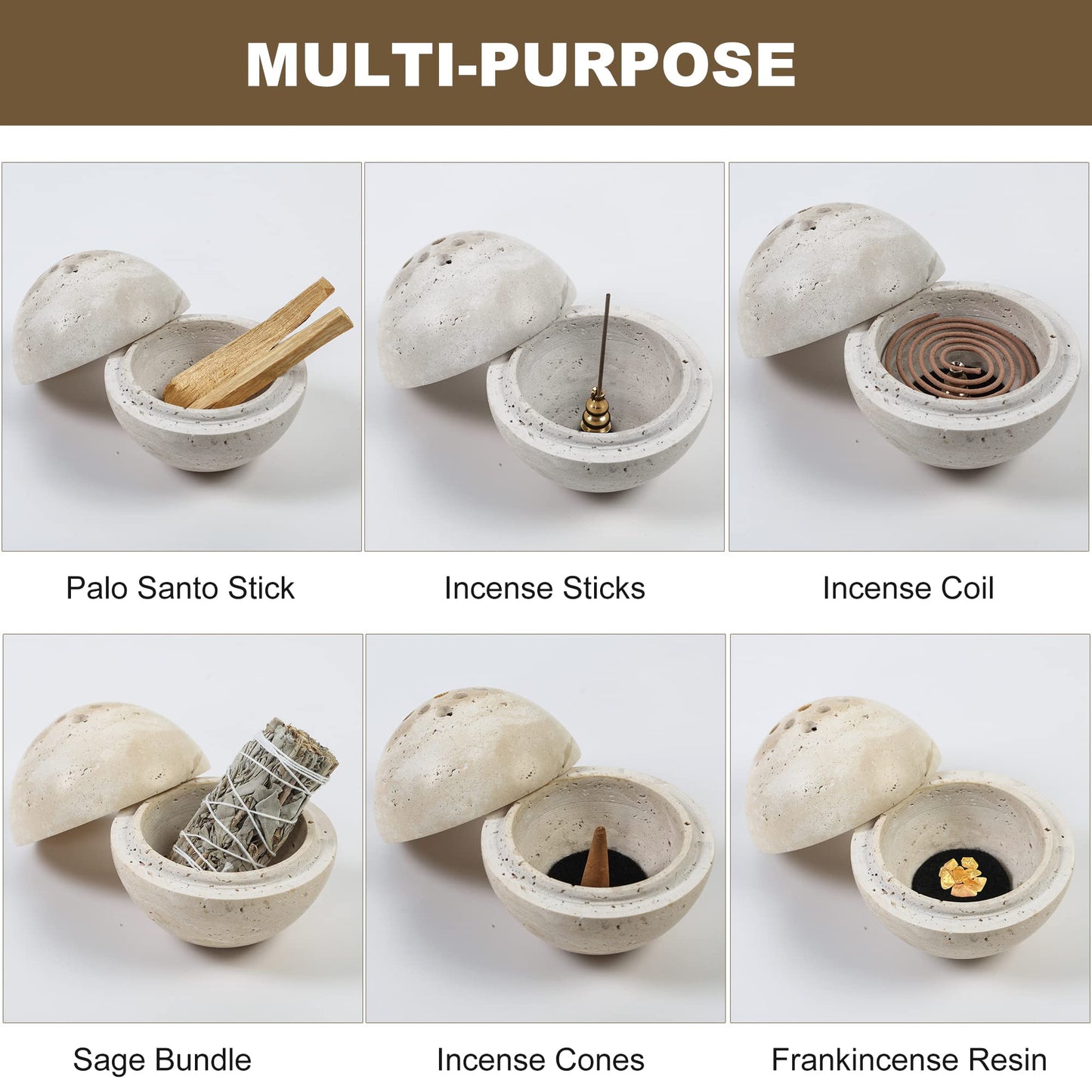 Natural Travertine Incense Cone Holder, Handmade Stone Sphere Incense Burner for Medication Yoga Home Décor 4.1 inches