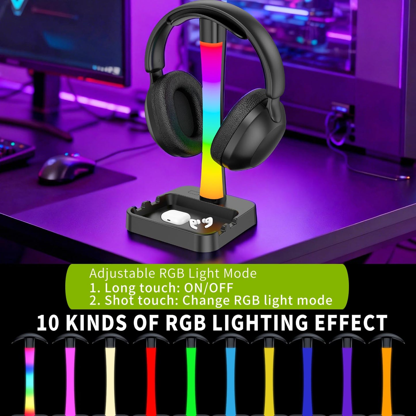 Tascaquin Headphone Stand with Charger,Gaming Headset stand with RGB Light Mode,For Airpod Max Stand,Desk Lamp,Phone Holder,Tablet Holder,desktop organizer,Gifts for Gamers & Music Lover(Black)