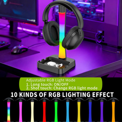 Tascaquin Headphone Stand with Charger,Gaming Headset stand with RGB Light Mode,For Airpod Max Stand,Desk Lamp,Phone Holder,Tablet Holder,desktop organizer,Gifts for Gamers & Music Lover(Black)