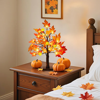 18 Inch Prelit Fall Maple Tree with Pumpkin Lights Timer Fall Decorations for Home, Battery Operated 24 Warm White LEDs for Autumn Halloween Thanksgiving Table Party Home Fall Decor Indoor Outdoor