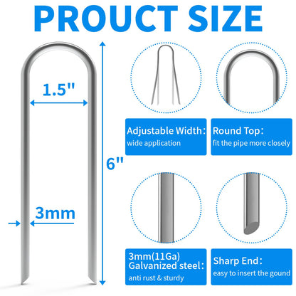 MySit 6 Inch 50 Pack U Shaped Garden Stakes, Heavy Duty 11 Gauge Galvanized Drip Irrigation Stakes Landscape Staples for 1/2" to 1-1/2" Soaker Hose, Weed Barrier, Yard Decorations, Fencing