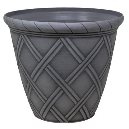 Garden Elements Trellis Decorative Lattice Planter, Grey, 14in - Indoor/Outdoor Round Flower Pot with Raised Texture and Classic Garden Styling