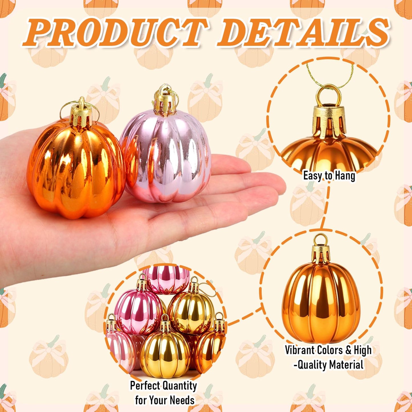 FYSUIMU 24Pcs Fall Pumpkin Hanging Ornaments Mini Pink Orange Pumpkin Hanging Ball Decorations for Thanksgiving Harvest Autumn Farmhouse Tree Decor Party Supplies