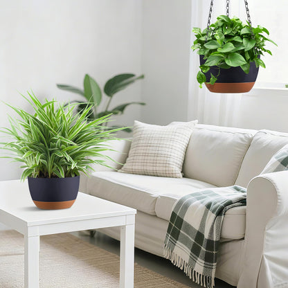 Kvetto Set of 2 Hanging Planters for Indoor Outdoor Plants, 8 Inch Self-Watering Hanging Flower Pots with Drainage Hole & Removable Water-Storage Tray (Hooks)