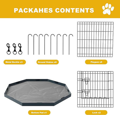 Foldable Dog Playpen, 24x30in 8 Panels Metal Pet Exercise Fence with Botton Pad, Dog Play Pen for Indoor Outdoor, Heavy-Duty Pet Fence Puppy Crate Kennel with Door for Small Medium Pets
