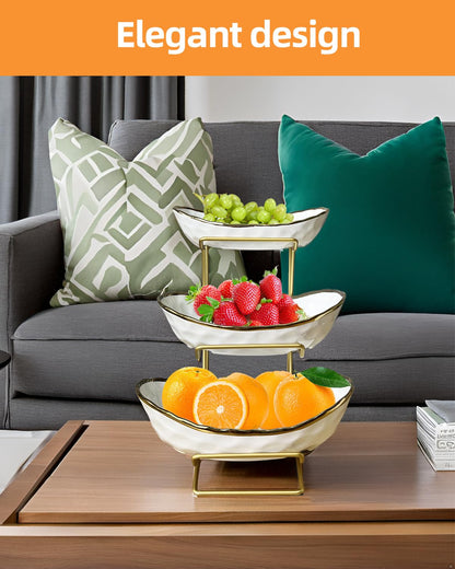 Niuirt Fruit Bowl for Kitchen Counter, 3-Tier Fruit Basket, Ceramic Fruit Bowl with Metal Stand for Fruit, Vegetable Storage, Snack, Nuts, Dessert, Cake, Stylish & Cute
