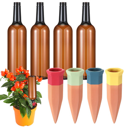 Baderke 8 Pcs 4 Set Plant Watering Devices, Terracotta Watering Spikes with 25 oz Plastic Wine Bottles, Slow Release Vacation Insert Automatic Plant Waterer Devices for Indoor Outdoor