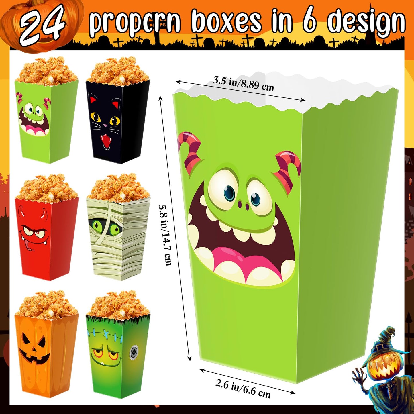 Roshtia 24 Pcs Halloween Popcorn Boxes, 6 Designs Popcorn Bags Containers, Candy Cookie Treat Boxes for Snacks Goodie Bags and Halloween Party Supplies(Demon)