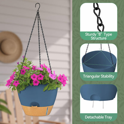 ZMTECH 12 Inch Large Self Watering Hanging Planters for Indoor Outdoor Plants - Water Level Indicator & Removable 60 Oz Reservoir, 1 Pack Plastic Hanging Basket for Window Porch Garden Balcony, Blue