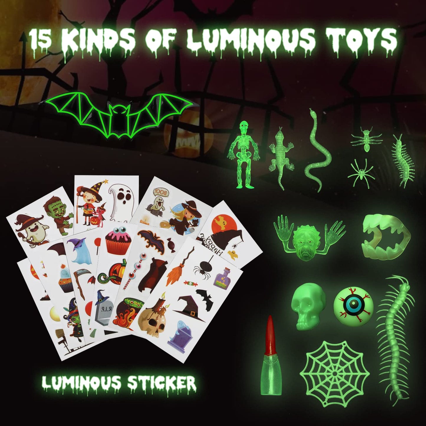 TOY Life 140PCS Halloween Party Favors Halloween Toys for Kids Halloween Goodie Bag Stuffers Fillers Halloween Treat Non Candy Glow in the Dark Bugs Skeleton Spiders Toys Halloween Prize for Classroom