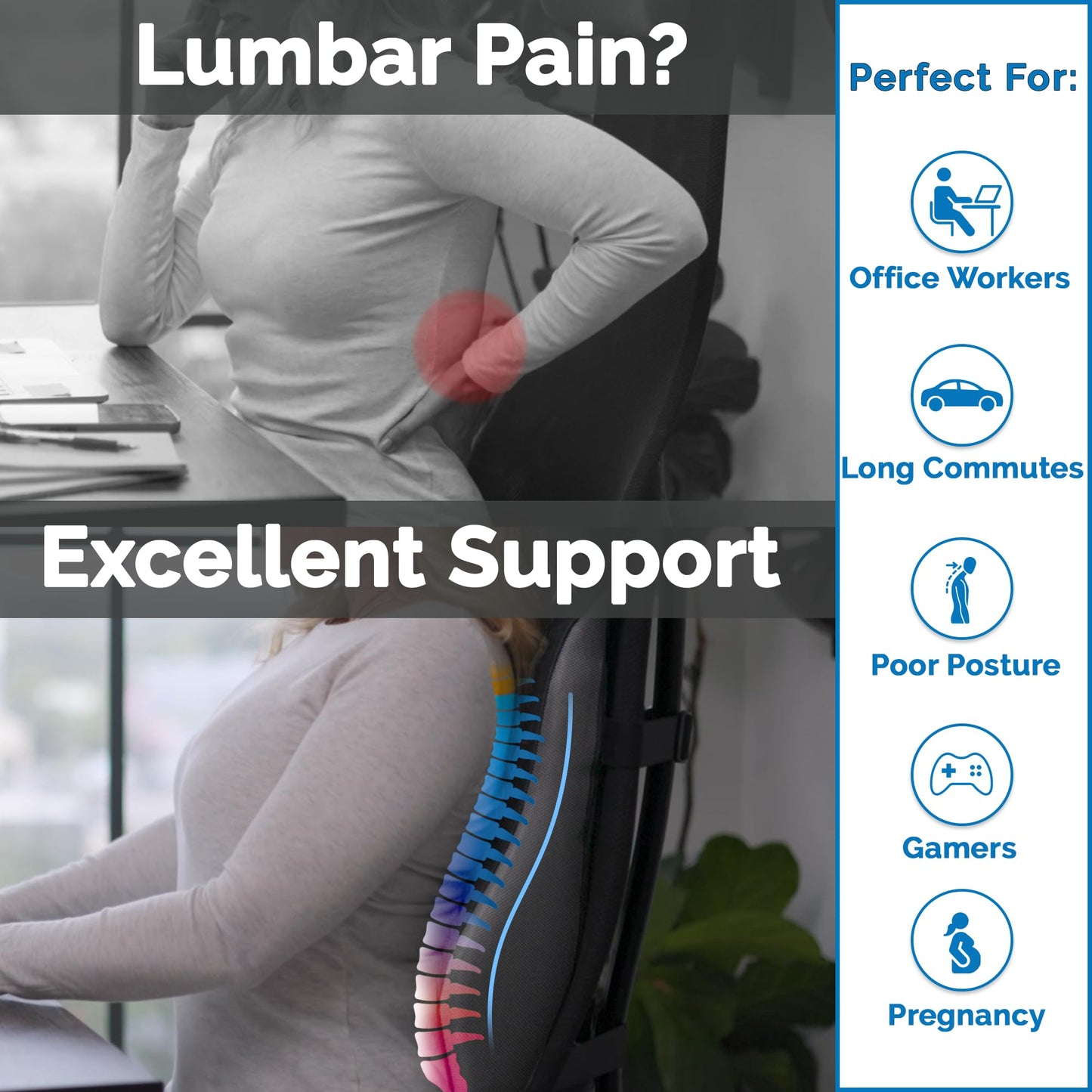 ComfiLife Lumbar Support Pillow for Office Chair – Premium Memory Foam Lumbar Pillow – Back Support for Office Chair, Car – Back Pain Relief, Improves Posture – 3 Adjustable Straps, Mesh + Leatherette