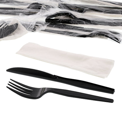 AmerCareRoyal 3-in-1 Disposable Silverware Medium Heavy Weight Plastic Utensil Set with Fork, Knife and 12x13 inch Napkin - Individually Wrapped Cutlery Meal Kit, Black, Case of 500