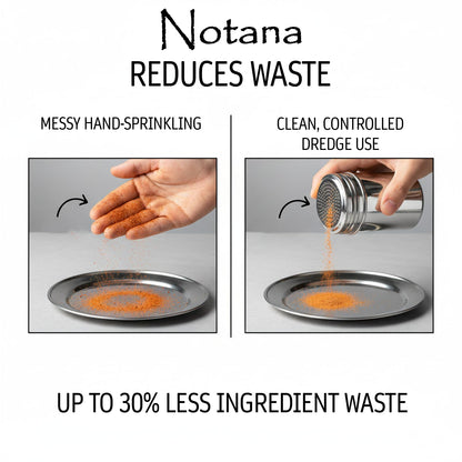 Notana 10 Ounce Stainless Steel Dredge Shaker (2 Pack) for Powder Sugar, Flour Duster for Baking, Seasoning Shaker with Lid, Metal Salt and Pepper Shakers, Cinnamon Sugar Shaker Dispenser for Kitchen