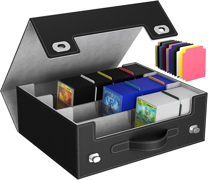 Lifewit Trading Card Storage Box with Handle, Holds Up to 1800 Sleeved Cards with 12 Adujstable Dividers & 4 Stoppers, Aluminum Closure PU Leather Case for MTG, PTCG, YGO, Sports Cards, Black& Gray