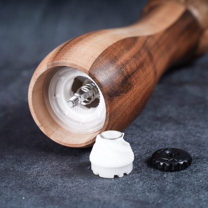 DeroTeno Pepper Mill, Pepper Grinder, Adjustable Ceramic Grinder for Both Pepper and Salt, Acacia Wood, Height 20.5 cm / 8 inch, Dia 6 cm(Tray is NOT Included)