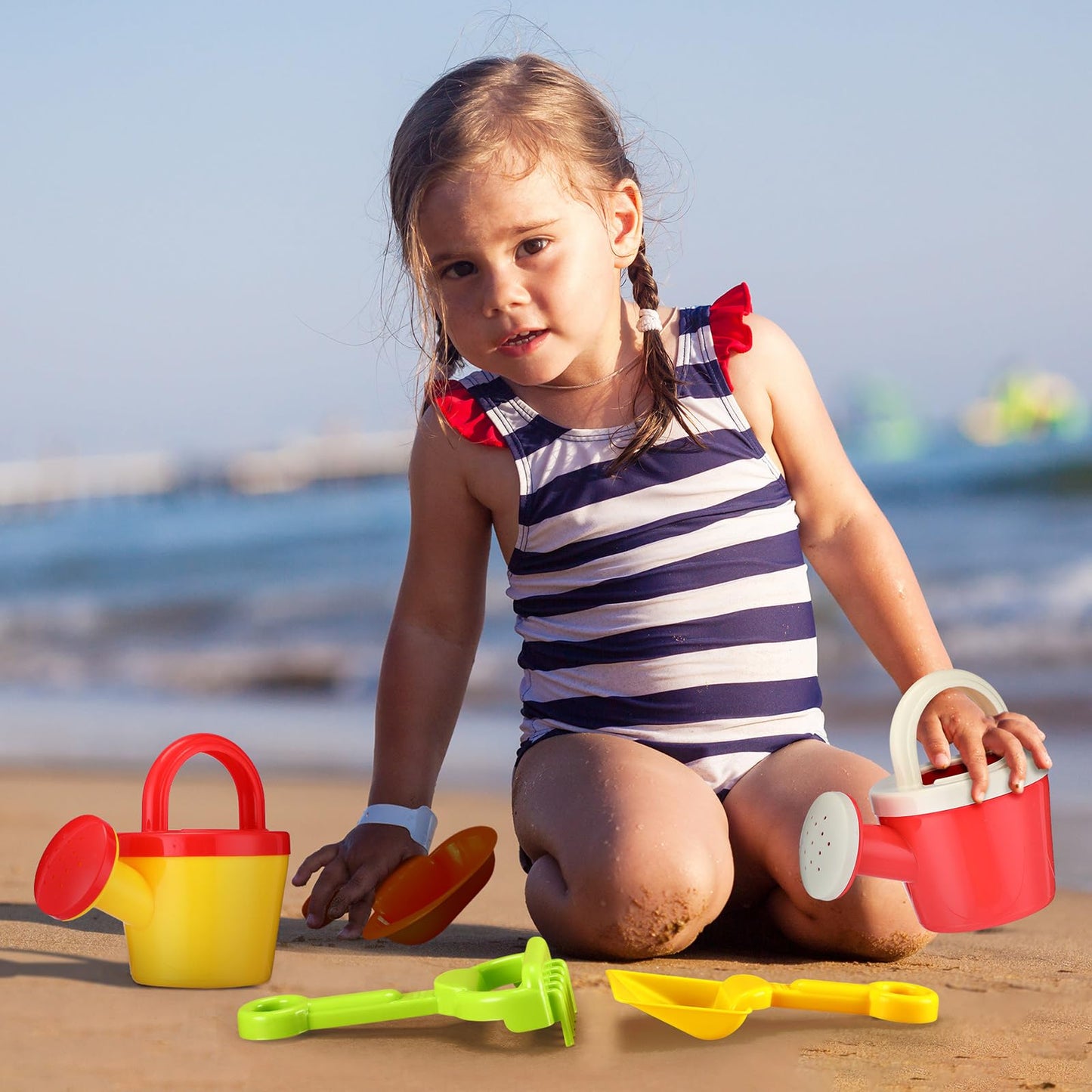 Sosation 24 Pcs Kids Watering Can and Beach Sand Shovel Set 12 Small Plastic Watering Can Bulk 12 Sand Shovels Mini Water Pail with Handle Outdoor Play Toys Child Gardening Tools for Girl Boy Gift