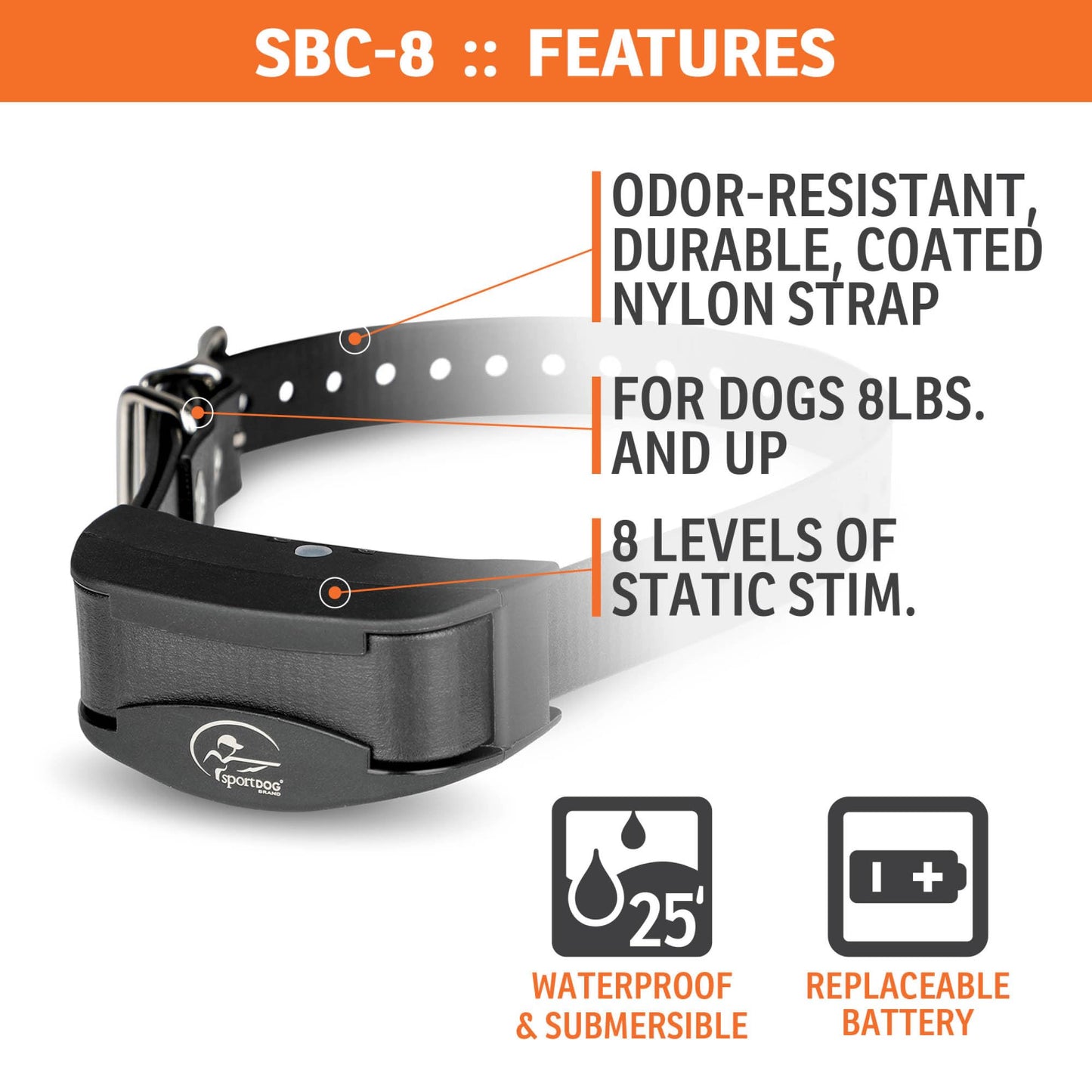 SportDOG Brand NoBark SBC-8 Bark Control Collar - Static Collar with Progressive Correction - Waterproof - Static Stimulation - Dogs 8 lbs & up