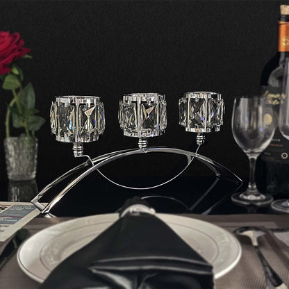 KEHAIL 3 Arms Crystal Candle Holders, Arch Candlestick Table Candelabras Centerpieces for Wedding, Dinning Room, Cabinet Ornaments, Home Decoration， Gift (3-arm Arched, Silver)