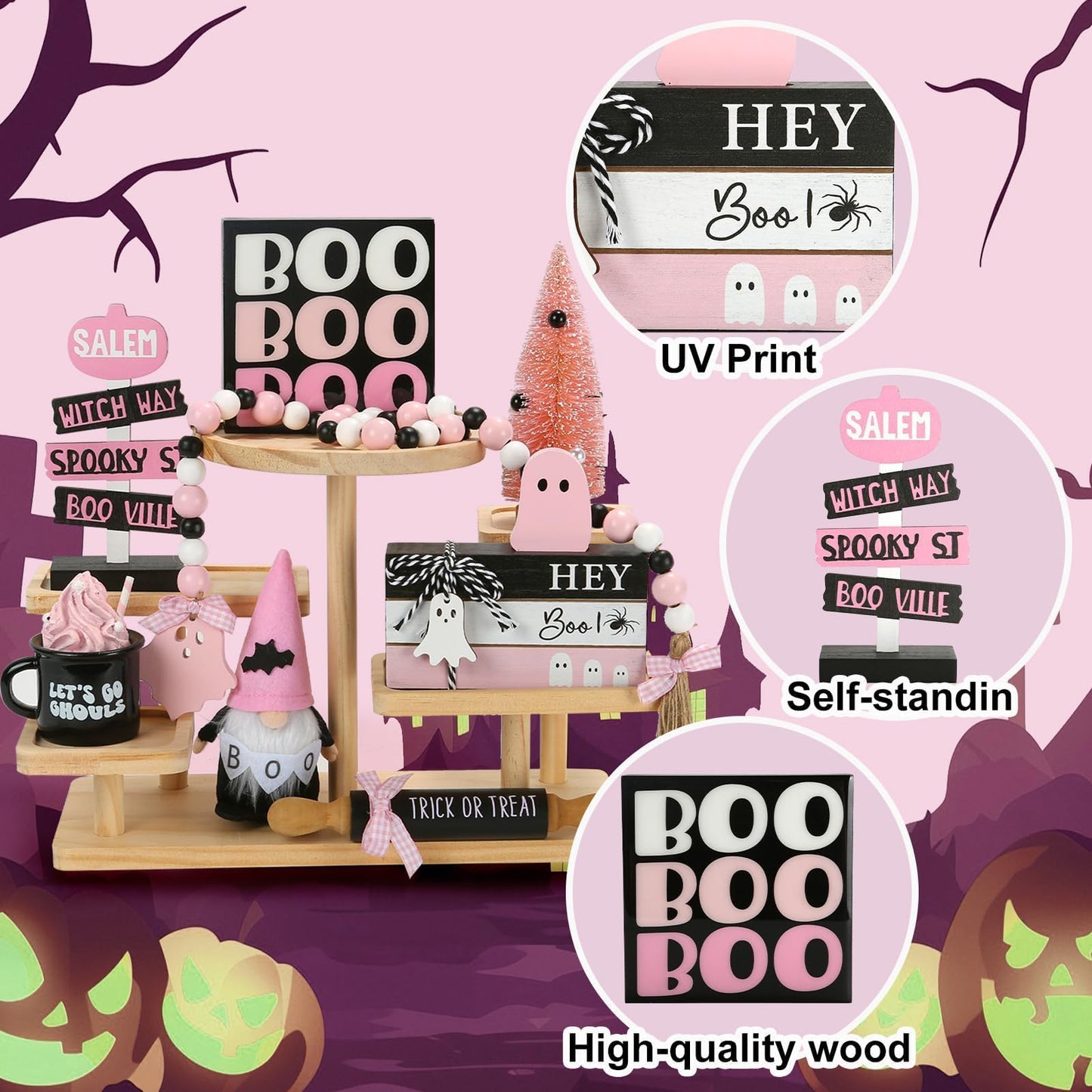Pink Halloween Decorations 8PCS Tiered Tray Decor, Cute Girlie Tabletop Halloween Decor for Home Office Tray Shelf Mantel Office Table Centerpieces Farmhouse Rustic Spooky Wood Signs