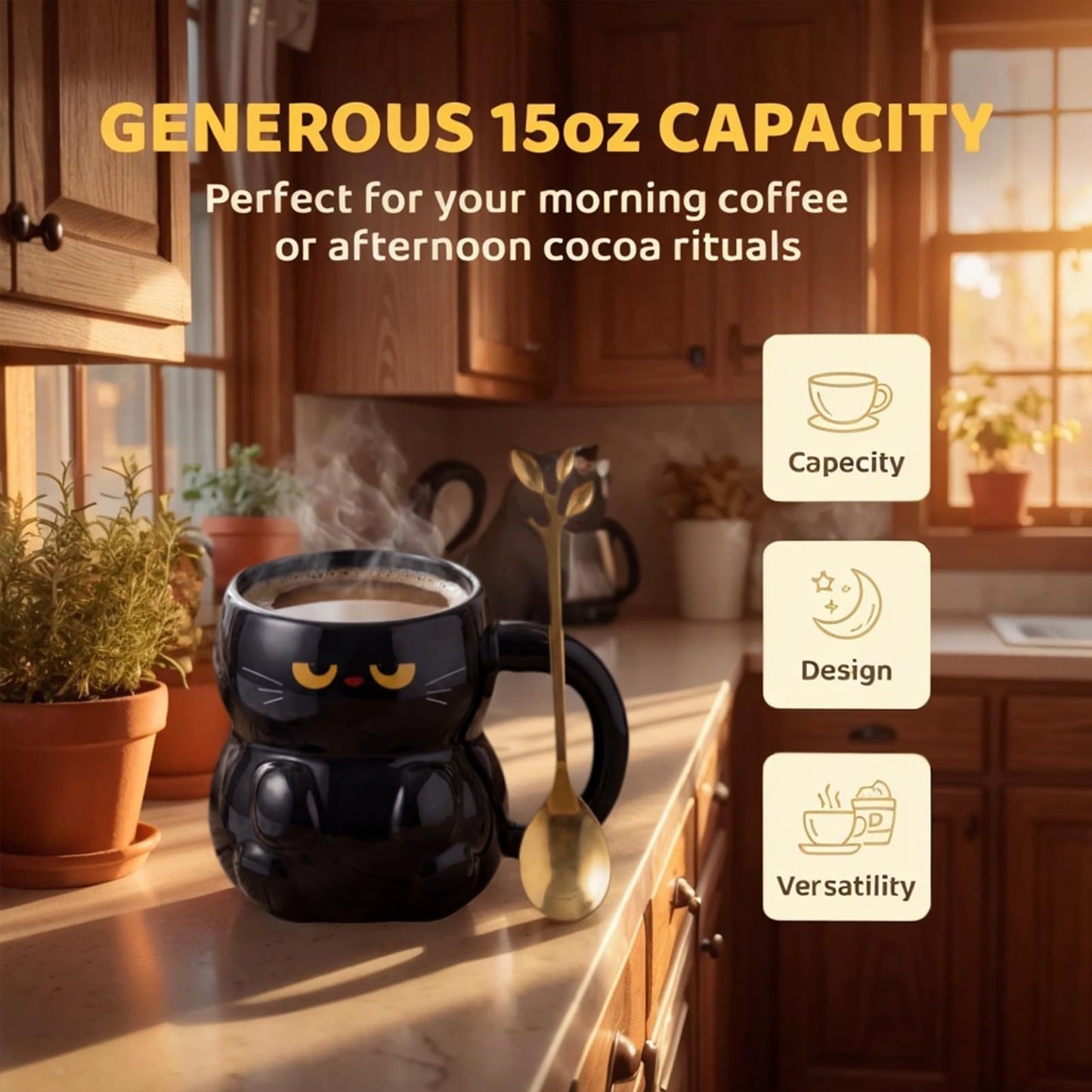 Umcnoi Cat Ceramic Coffee Mug - 15oz Cute Cat Lover Gift For Women - Funny Kitty Tea Cup With Spoon & Wizard Hat Lid - Cats Gifts For Women & Daily Use (Black)