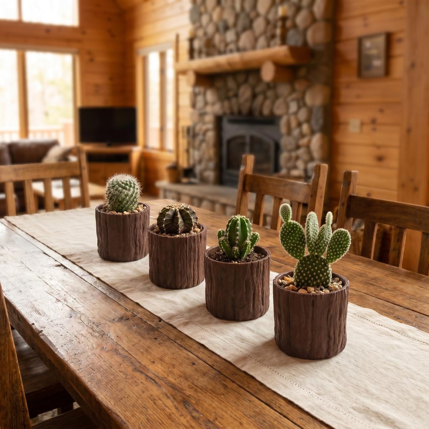 SHINEOFI 4pcs Mini Faux Wood Flower Pots Wooden Centerpieces for Tables Small Plastic Succulent Pots for Table Centerpiece Floral Boxes for Arrangements