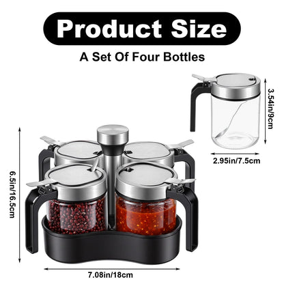 Set of 4 Revolving Condiment Pots: Sugar Bowl, Salt & Pepper Cellar with Lid and Spoon, 360-Degree Rotating Holder Tray for Kitchen Countertop Organization, Glass Spice Jars with Stainless Steel Acces
