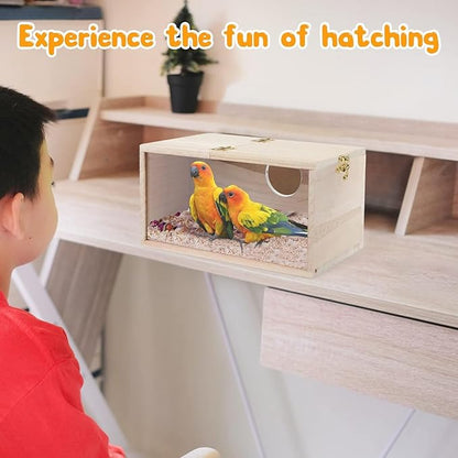 Natural Wood Nesting Box for Parakeet Birds Transparent Design Breeding Box with Perch Wood Bird Cage House for Cockatiel Lovebirds Budgie Finch Parrotlets Canary (Medium)
