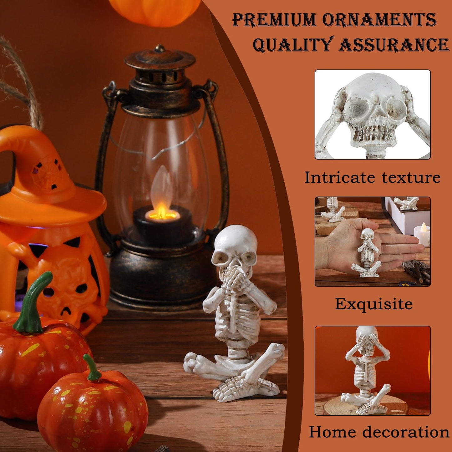 IBWell Set of 3 Mini Skeletons Statue “Hear See Speak No Evil” Sitting Skulls Figurines for Halloween Gothic Small Resin Skeletal Creepy Spooky Sculpture Home Decoration