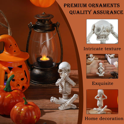 IBWell Set of 3 Mini Skeletons Statue “Hear See Speak No Evil” Sitting Skulls Figurines for Halloween Gothic Small Resin Skeletal Creepy Spooky Sculpture Home Decoration