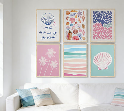 Pink and Blue Coastal Wall Art, 6 Pcs Preppy Beach Wall Decor, Unframed Canvas Posters for Bathroom Bedroom, Seashell Coral Palm Tree Ocean Prints, Neutral Boho Beach House Decor 12x16in Unframed