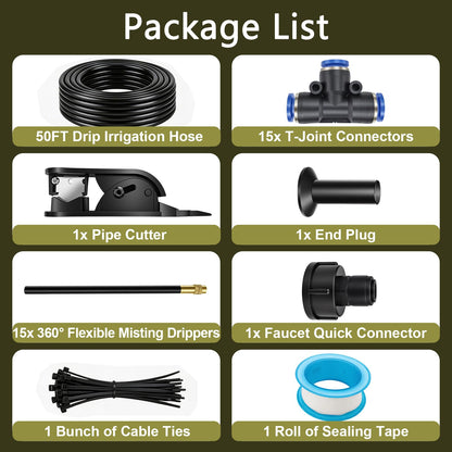 50FT Drip Irrigation Kit for Garden Beds, Greenhouse & Potted Plants – Adjustable Micro Watering System with 1/4" Distribution Tubing, Emitters, Connectors & Stakes