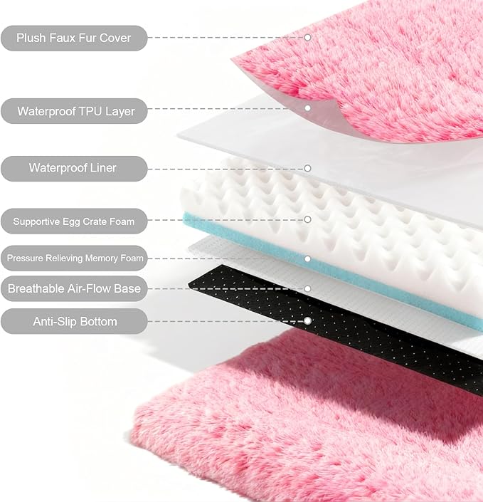 Orthopedic Dog Bed for Medium Dogs, Dual-Layer Memory & Egg-Crate Foam, Washable Warm Winter Plush Cover, Waterproof Liner, Non-Slip Bottom, Crate/Kennel Pad, 35 x 22 Inch, Pink