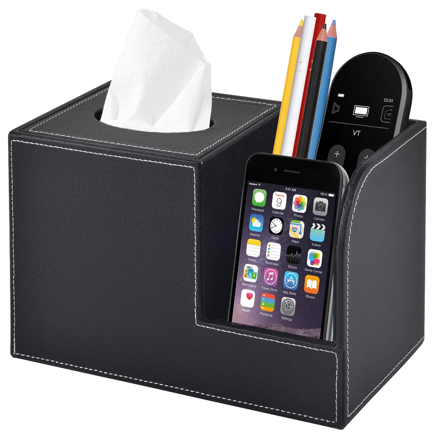 XNONE PU Leather Tissue Box Cover with Storage Square-Multifunctional Tissue Holder,Remote Control Holder,Decorative Tissues Boxes Organizer,Home Office Desktop Storage box,Black