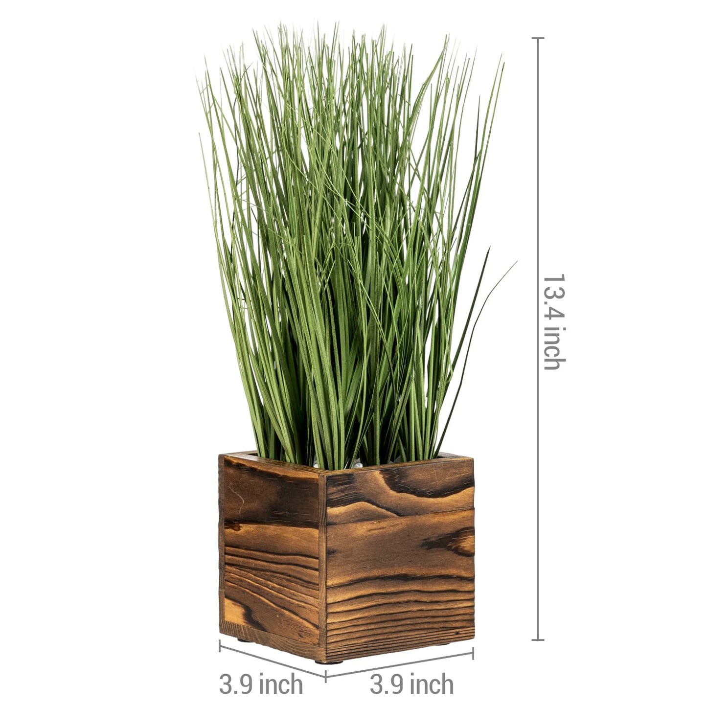 MyGift Artificial Green Grass Plants Trio in Rustic Burnt Solid Wood Planter Boxes, Faux Greenery in Decorative 4 Inch Square Wooden Containers, Set of 3