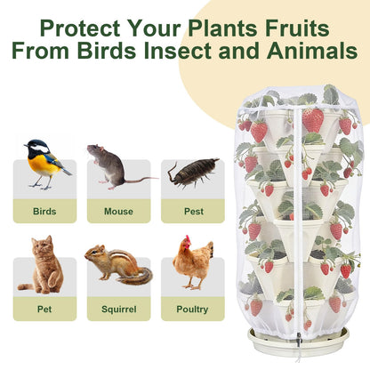 3Pack 41" x 20" Vertical Strawberry Pot Netting, Plant Pot Insect Netting with Zipper & Drawstring, Bird Barrier Planter Pot Garden Net Round Cover for 5-Tier Stackable Strawberry Fruit Vegetable