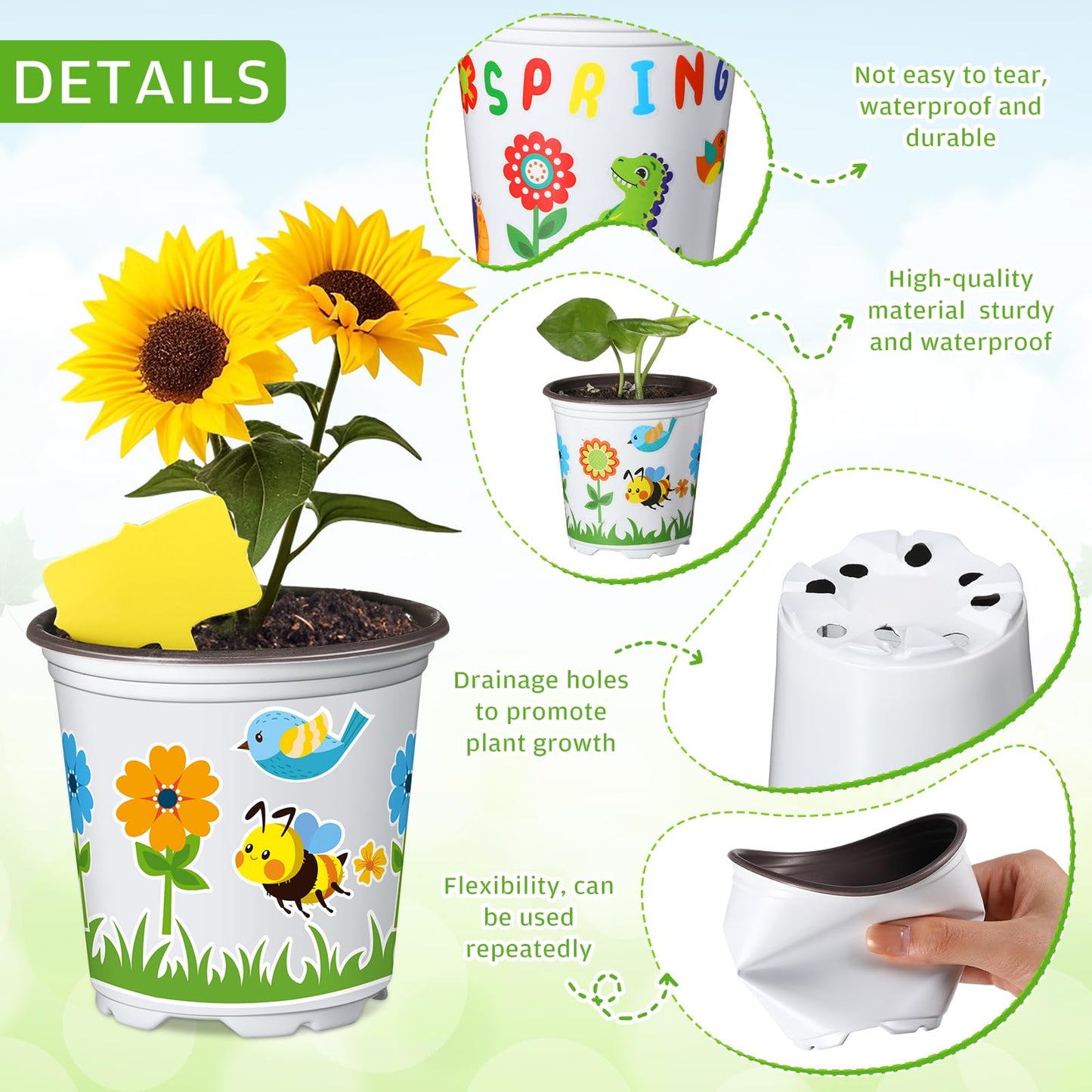 Capoda 24 Sets Garden Flower Pots Crafts Kit DIY Spring Plastic Seedling Nursery Pots with Stickers Plant Labels Growth Charts Planting Growing Tools Classroom Activities Project Gifts (Round)