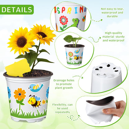 Capoda 24 Sets Garden Flower Pots Crafts Kit DIY Spring Plastic Seedling Nursery Pots with Stickers Plant Labels Growth Charts Planting Growing Tools Classroom Activities Project Gifts (Round)