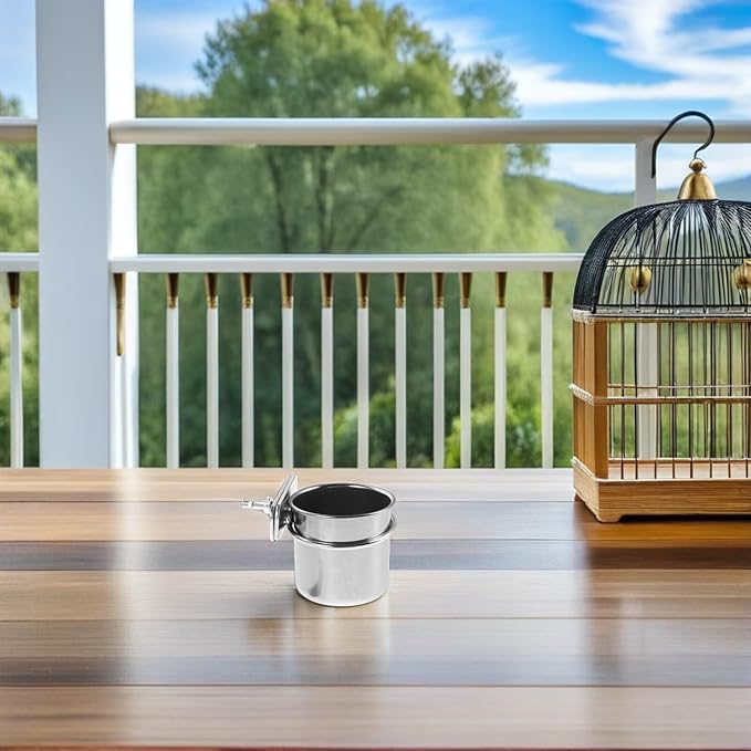 Abaodam Stainless Steel Bird Feeding Bowls with Clamp, 4.4cm and 5.5cm Cage Hanging Coop Cups for Parrot Food and Water, Compatible with Cockatiel Budgie Macaw Parakeet Cage Accessories