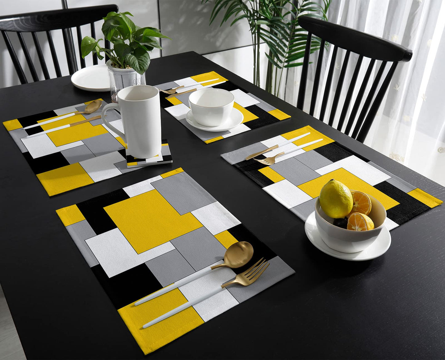 Futuregrace Abstract Art Placemats Set of 6,Non Slip Washable Farmhouse Table Mats Set, Black and Yellow Table Placemats for Kitchen Dining Table,Wedding Holiday Party Decoration