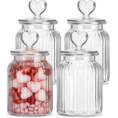 Potchen 4 Sets 32oz Cookie Jars Glass Candy Jar with Heart Lids Decorative Heart Containers Food Storage Canister with Airtight Lid for Valentines Party Table Decoration(Clear Lid)