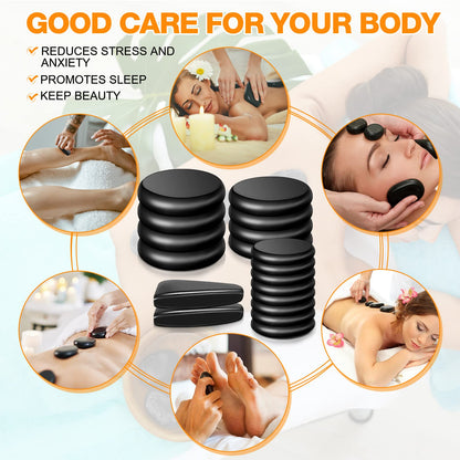 Yunsailing 18 Pcs Hot Stones Massage Set Black Smooth Massage Hot Stones Bianstone Set for Home Spa Warming Relaxing Pain Relief