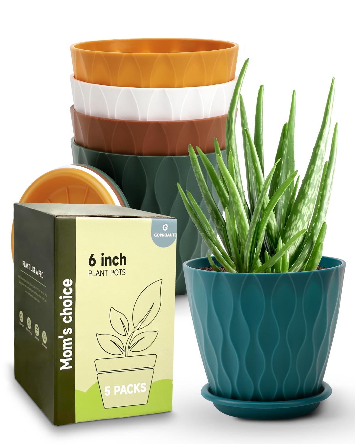 Goproauto 6 Inch Indoor Planter Pots with Drainage Hole and Tray Saucer