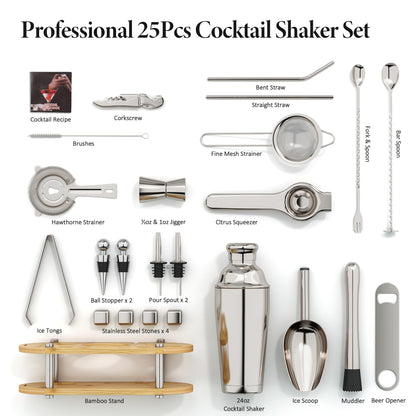 EffiQ-Rate Cocktail Shaker Set, 25-Piece Stainless Steel Bartender Kit with Wood Organizer Stand & Cocktail Recipes, Professional Bar Mixology Tools with All Essential Accessories for Drink Mixing