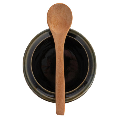 Creative Co-Op Stoneware Sugar Pot with Lid and Wood Spoon, Deep Green Glaze