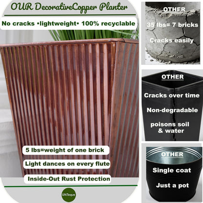 Ultiteque18 H x13 Dia Large Copper Metal Planter Set of 2, Tall Square Tapered Steel Flower pots for Indoor Plants, Indoor Plant Pots Lightweight for Apartment Office, Planter Pots with Drainage&Plug
