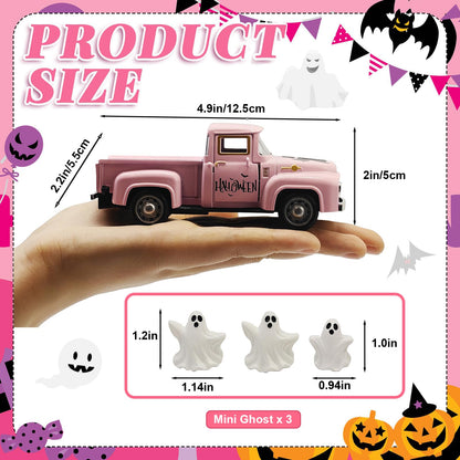 Halloween Decorations - Mini Cute Farmhouse Style Halloween Metal Truck Decor with 3 Removable Mini Ghost Ornaments for Tabletop, Tiered Tray, Shelf, Fireplace and Home Indoor Décor(Halloween-Pink)