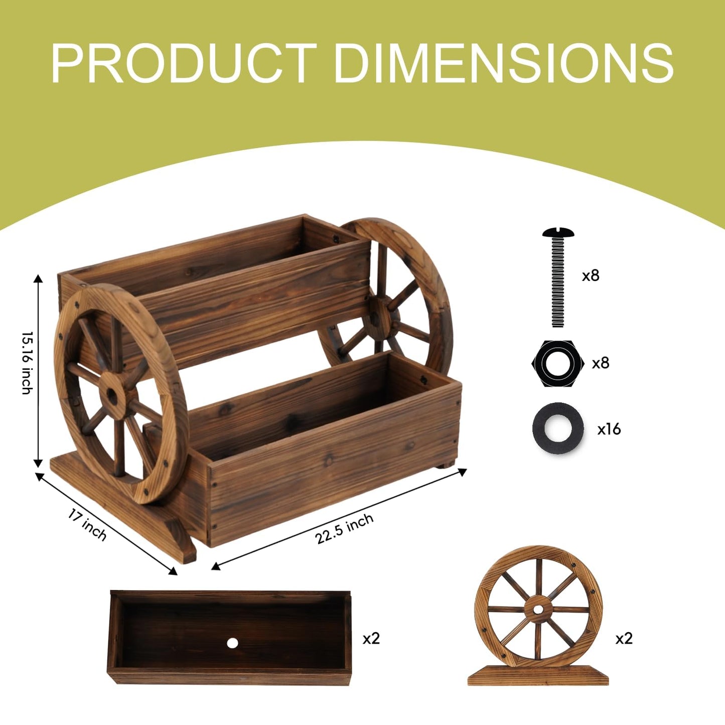 PUPATIOB Wooden Planter Box, 2-Tier Wagon Wheel Garden Planter with Wheels, Rustic Farmhouse Flower Cart Outdoor Decorative Vertical Raised Bed for Patio, Porch, Herbs & Succulents, Carbonized, Large